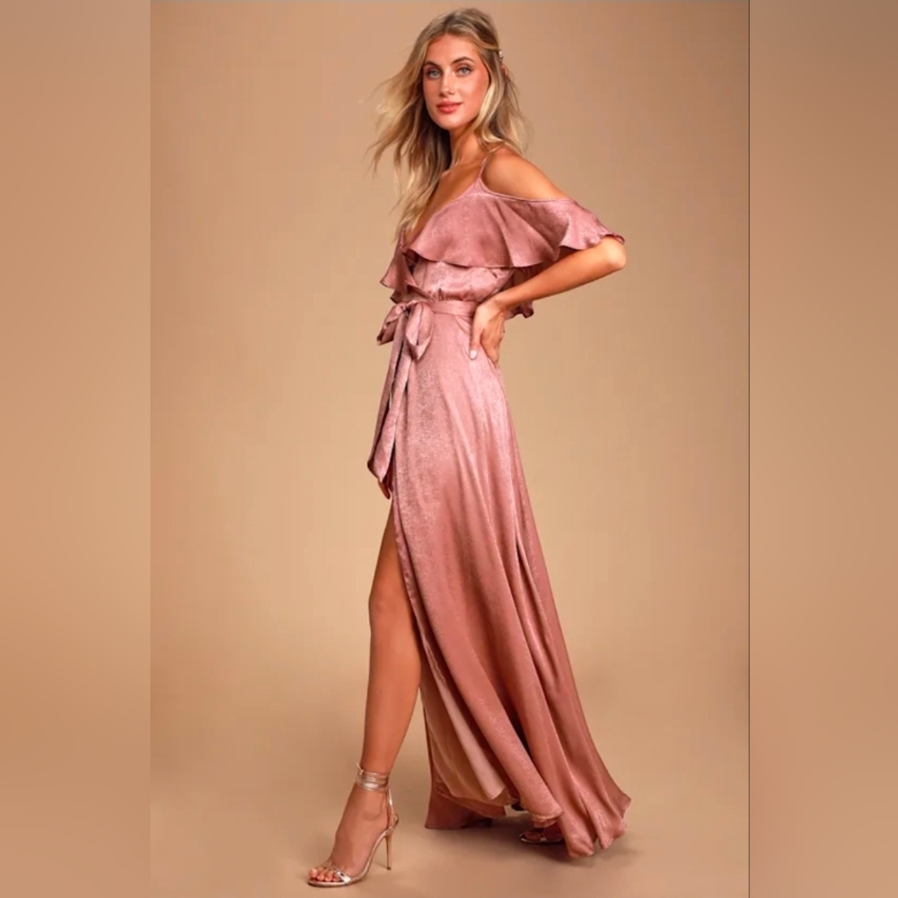 Rose Satin Cold-Shoulder Wrap Maxi Dress